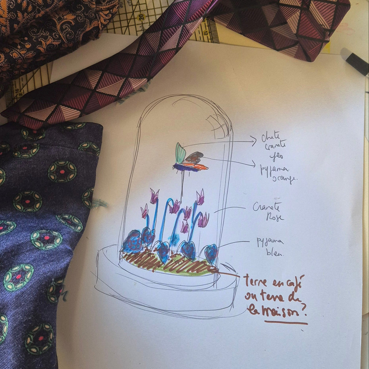 Croquis de conception sur-mesure pour un arrangement floral sous cloche de verre façonné à partir de cravates et vêtements précieux.